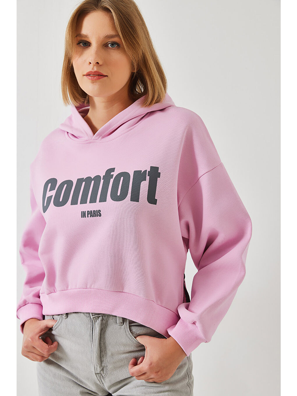 SHADE Pembe Kadın Üç İplik Şardonlu Yanları Fermuarlı Crop Sweatshirt - 1