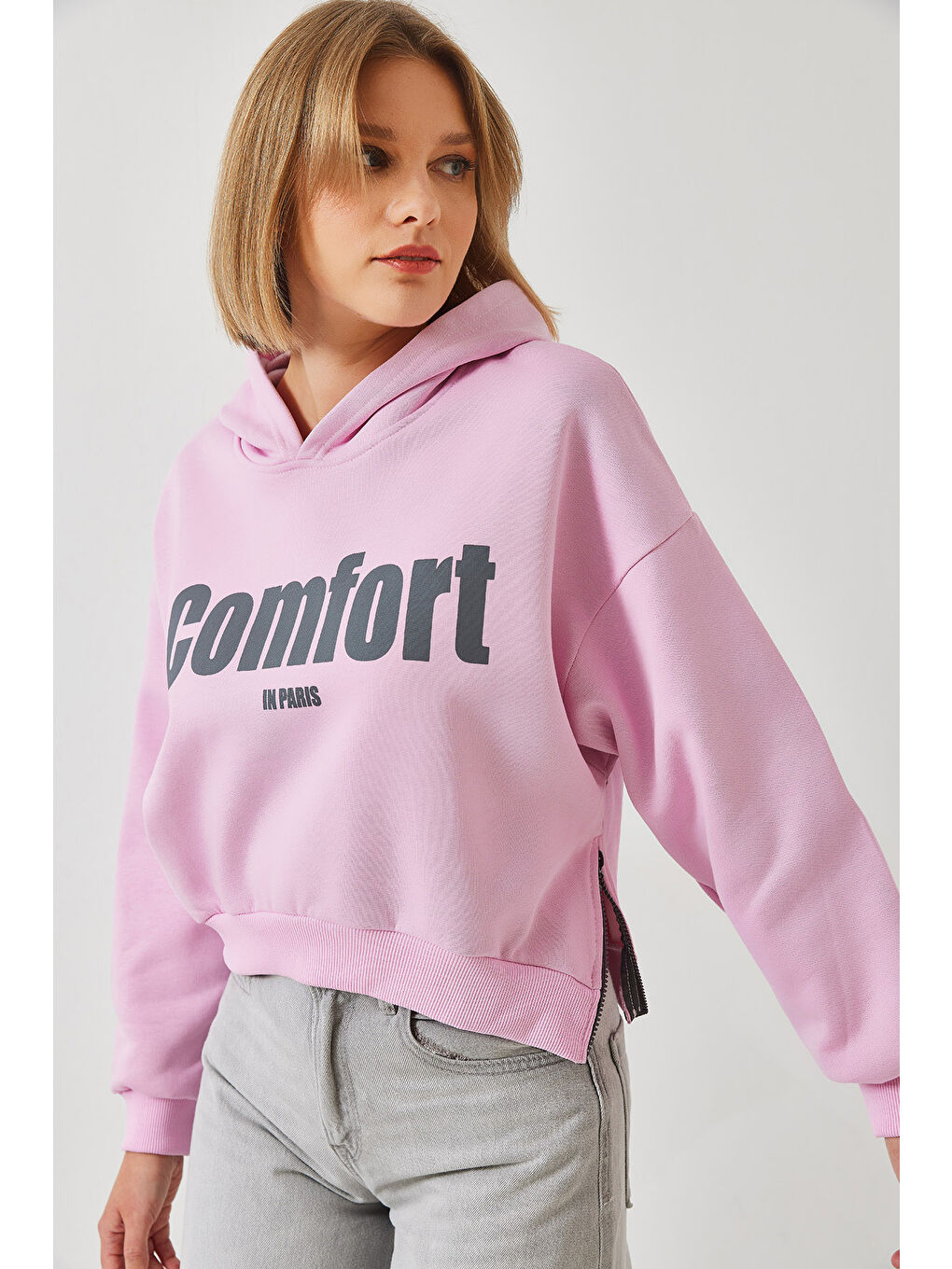 SHADE Pembe Kadın Üç İplik Şardonlu Yanları Fermuarlı Crop Sweatshirt - 2