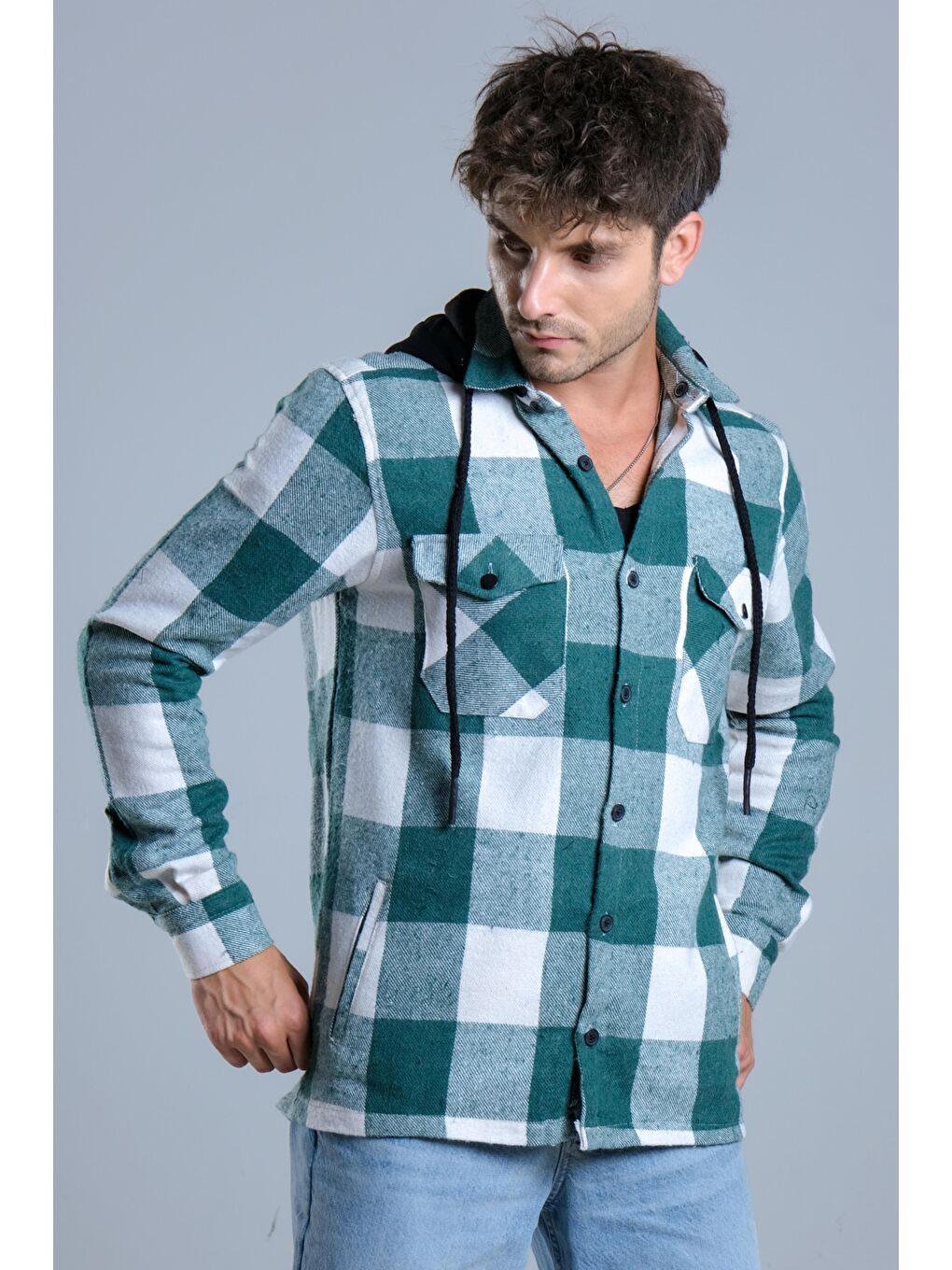 Yeşil Çıkarılabilir Kapüşonlu Cepli Kışlık Erkek Oduncu Gömlek MAR4170-3
