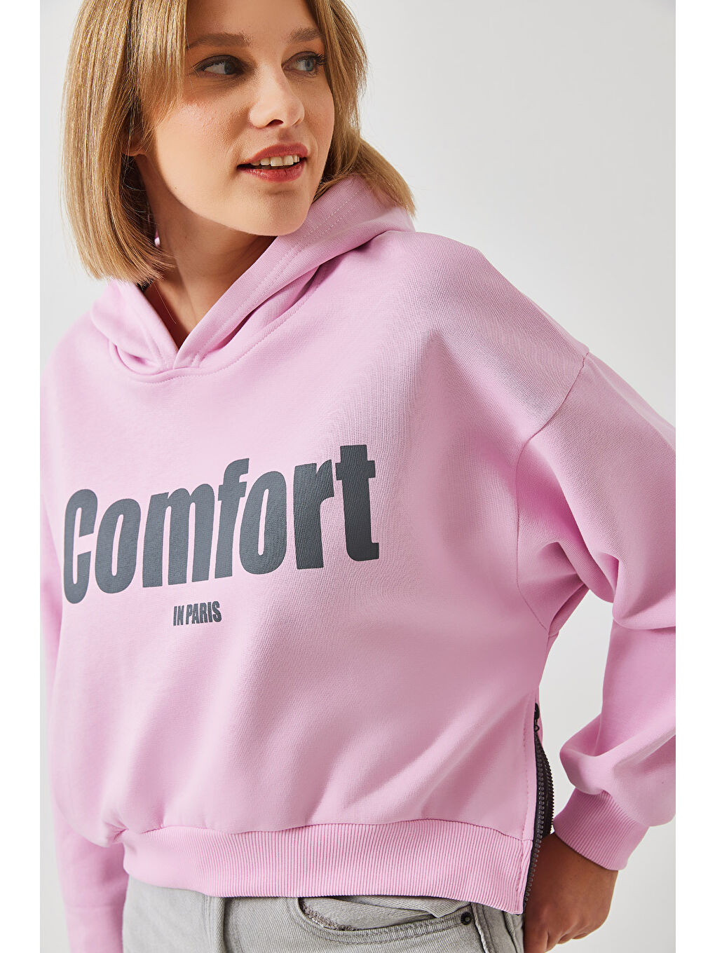 SHADE Pembe Kadın Üç İplik Şardonlu Yanları Fermuarlı Crop Sweatshirt - 3