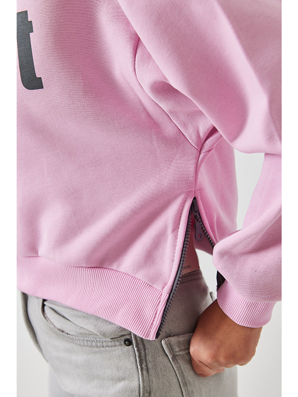 SHADE Pembe Kadın Üç İplik Şardonlu Yanları Fermuarlı Crop Sweatshirt - 4