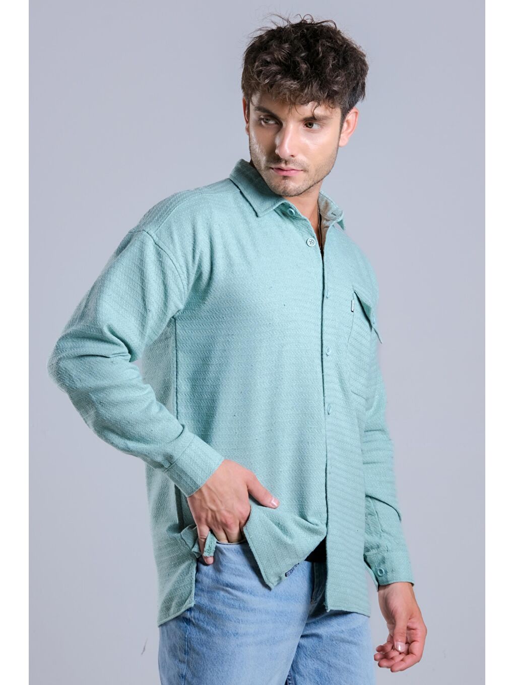 Turkuaz Oversize Tek Cepli Örme Gömlek MAR Over22-5