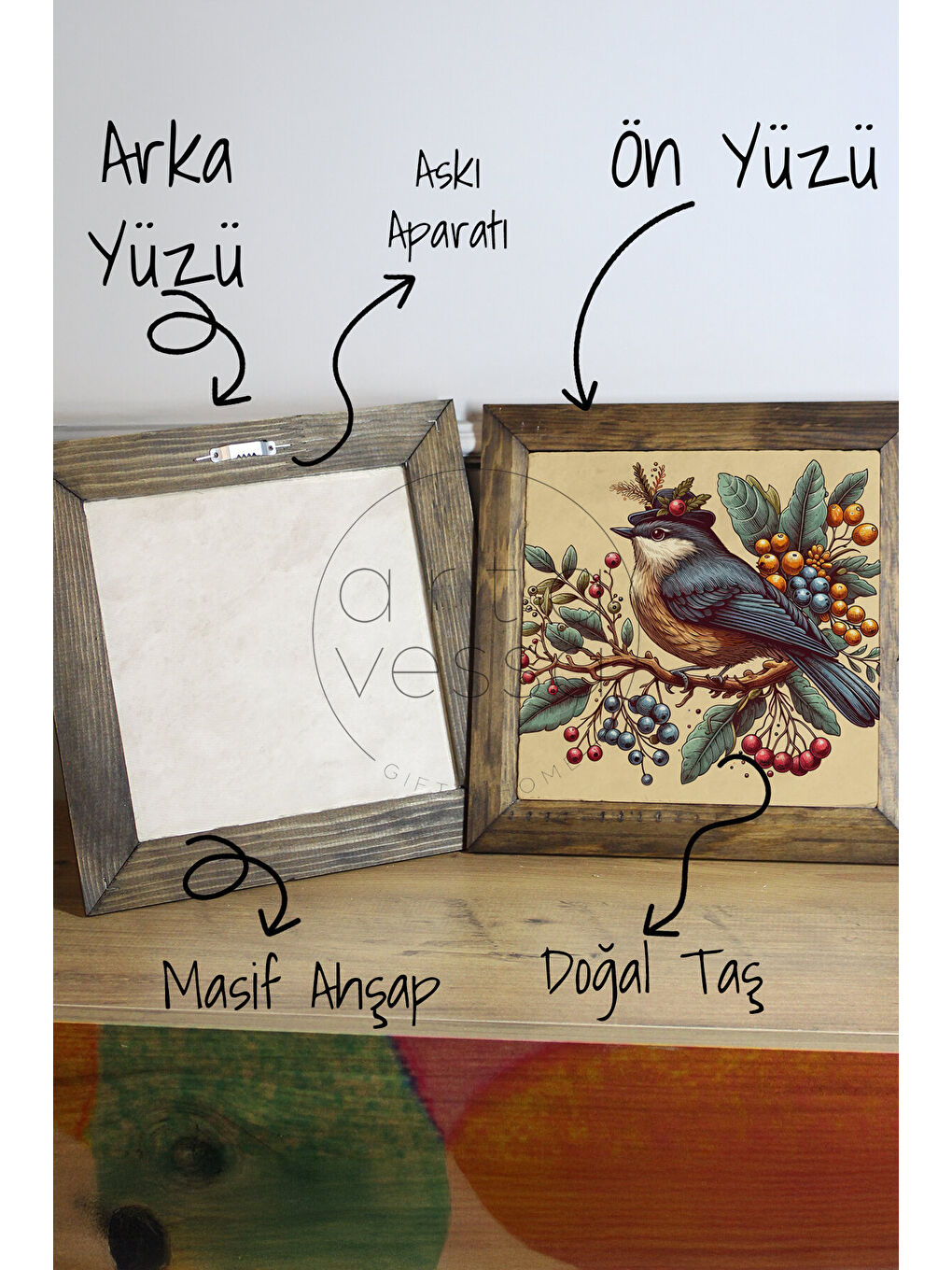 Beyaz Masif Ahşap Çerçeveli Taş Tablo Pano 26 x 26 cm - Bahar ve Kuşlar 2 - 16 x 16-2