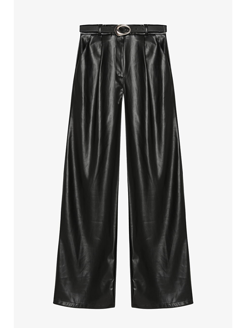 Kemerli Pileli Bol Paça Deri Pantolon Siyah