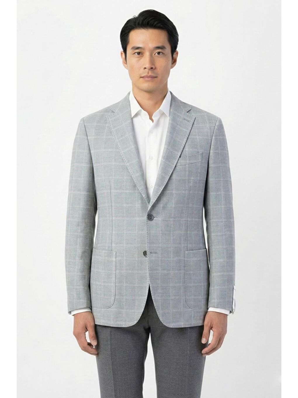 Gri Regular Fit Pamuklu Mono Yaka Ekose Desenli Ceket