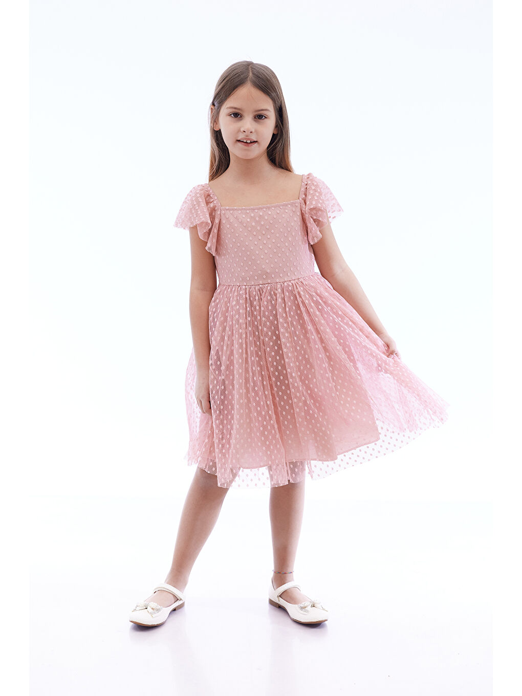 Pembe Kız Çocuk Kare Yaka Trend Tül Elbise AK2242-1