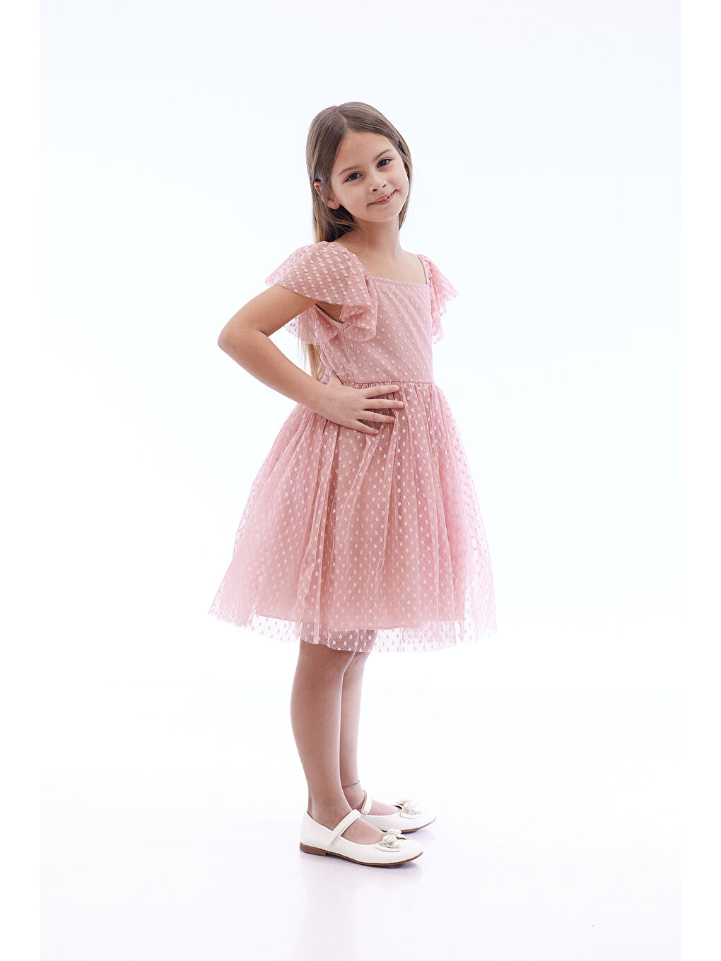 Pembe Kız Çocuk Kare Yaka Trend Tül Elbise AK2242-2