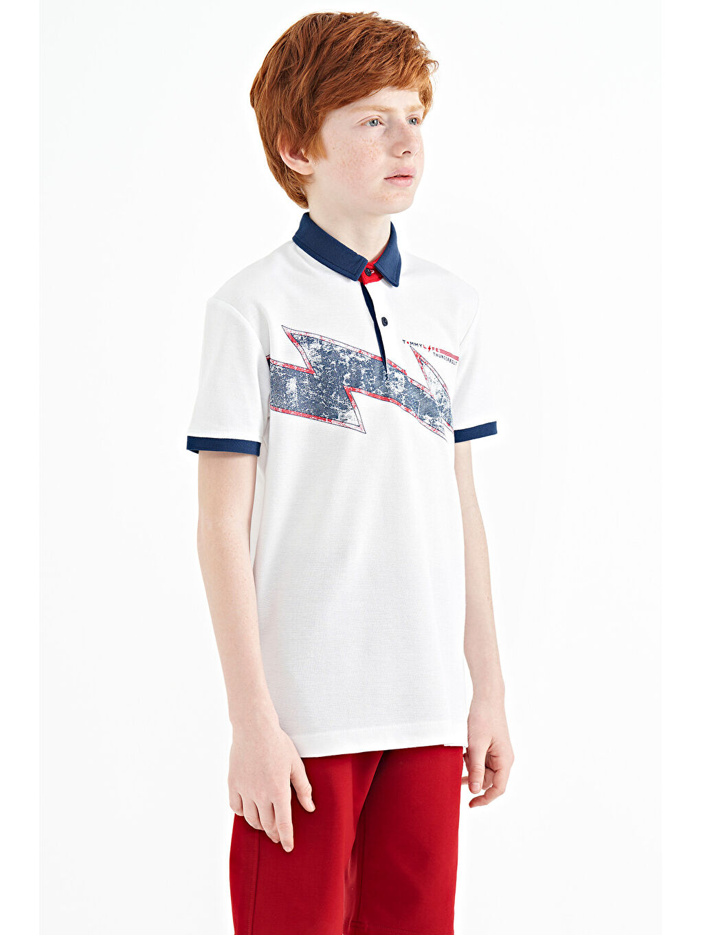 Beyaz Baskı Detaylı Standart Kalıp Polo Yaka Erkek Çocuk Tişört - 11154-4