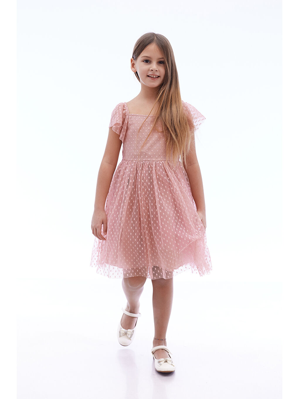 Pembe Kız Çocuk Kare Yaka Trend Tül Elbise AK2242-3