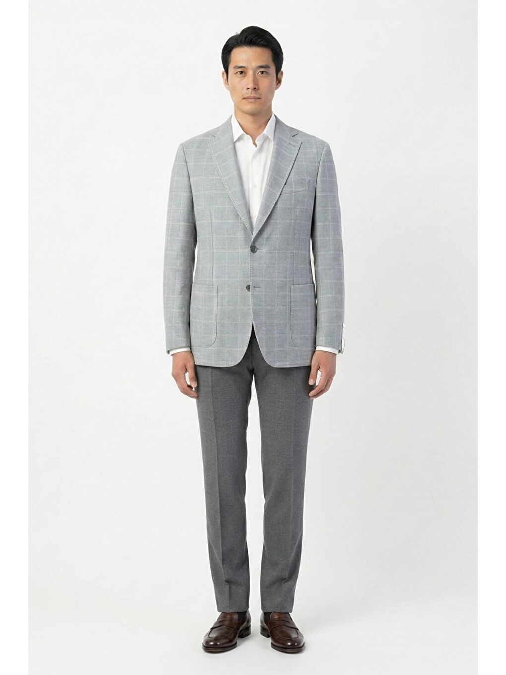 Gri Regular Fit Pamuklu Mono Yaka Ekose Desenli Ceket-1