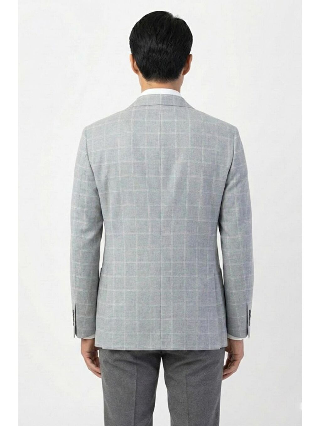 Gri Regular Fit Pamuklu Mono Yaka Ekose Desenli Ceket-2