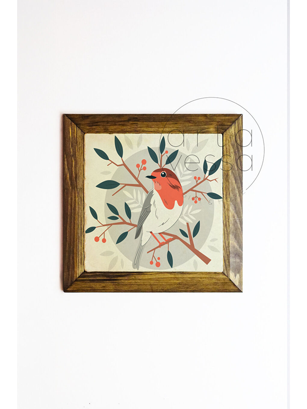 Beyaz Masif Ahşap Çerçeveli Taş Tablo Pano 16 x 16 cm - Bahar ve Kuşlar 5 - 26 x 26-1