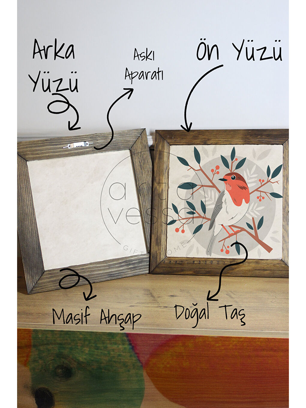 Beyaz Masif Ahşap Çerçeveli Taş Tablo Pano 16 x 16 cm - Bahar ve Kuşlar 5 - 26 x 26-2