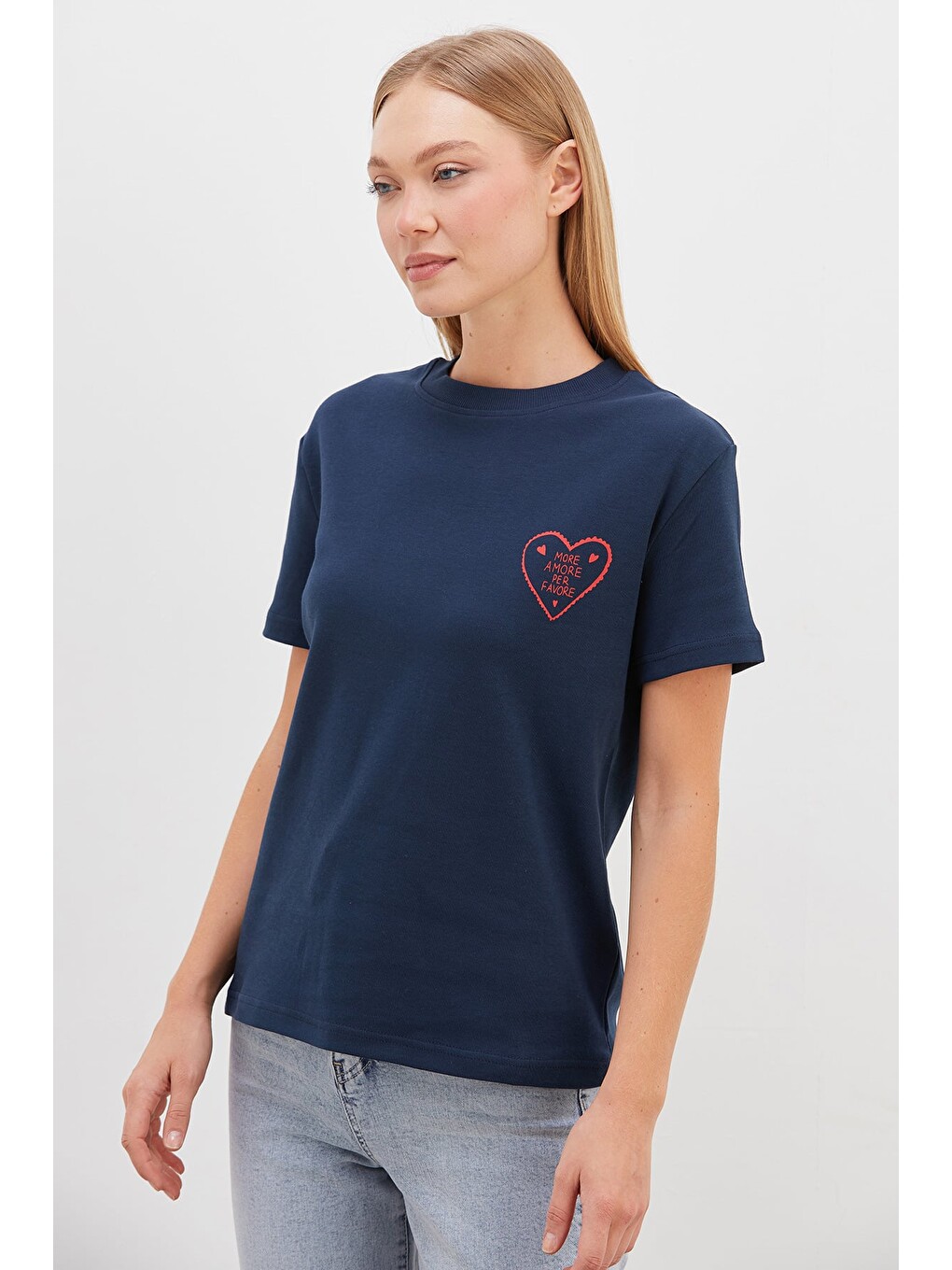 Lacivert More Amore Per Favore Baskılı Tişört-4