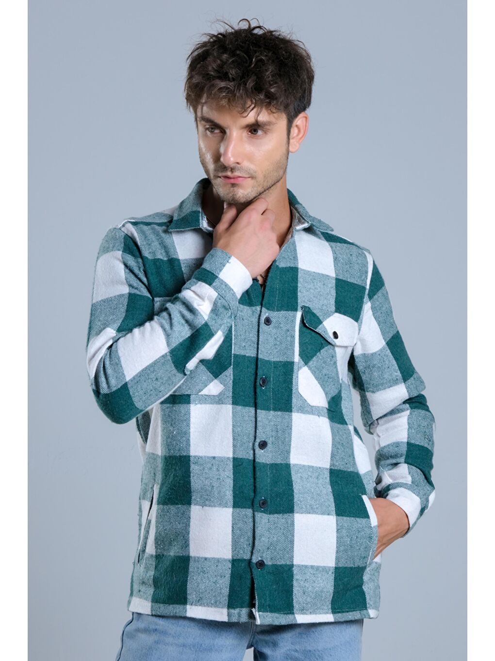 Yeşil Çıkarılabilir Kapüşonlu Cepli Kışlık Erkek Oduncu Gömlek MAR4170-5