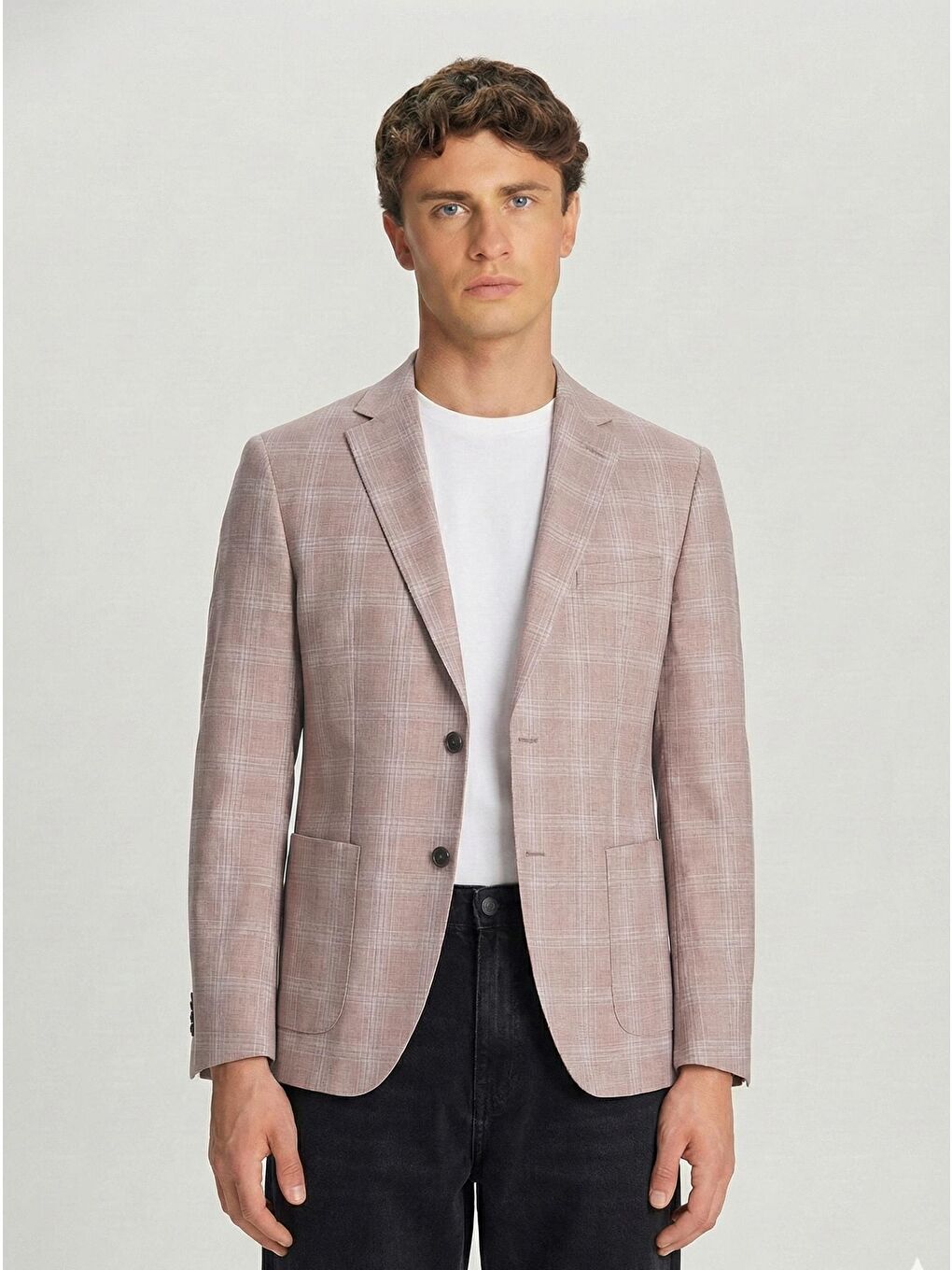 Bej Slim Fit Pamuklu Mono Yaka Kareli Casual Ceket