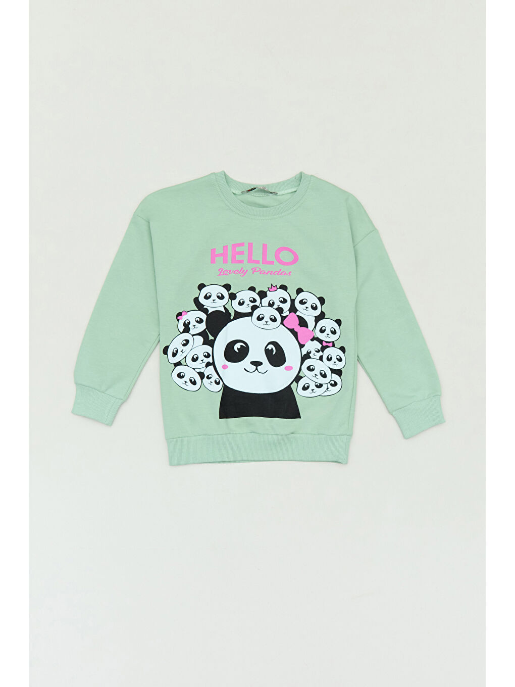 Fullamoda Su Yeşili Panda Baskılı Bisiklet Yaka Kız Çocuk Sweatshirt