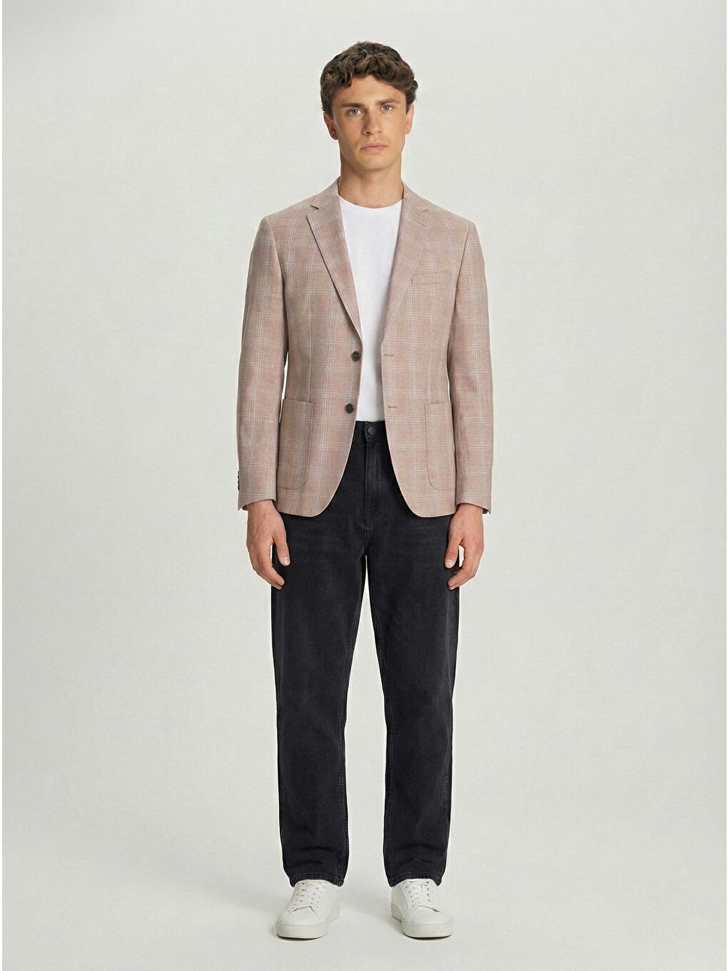 Bej Slim Fit Pamuklu Mono Yaka Kareli Casual Ceket-1