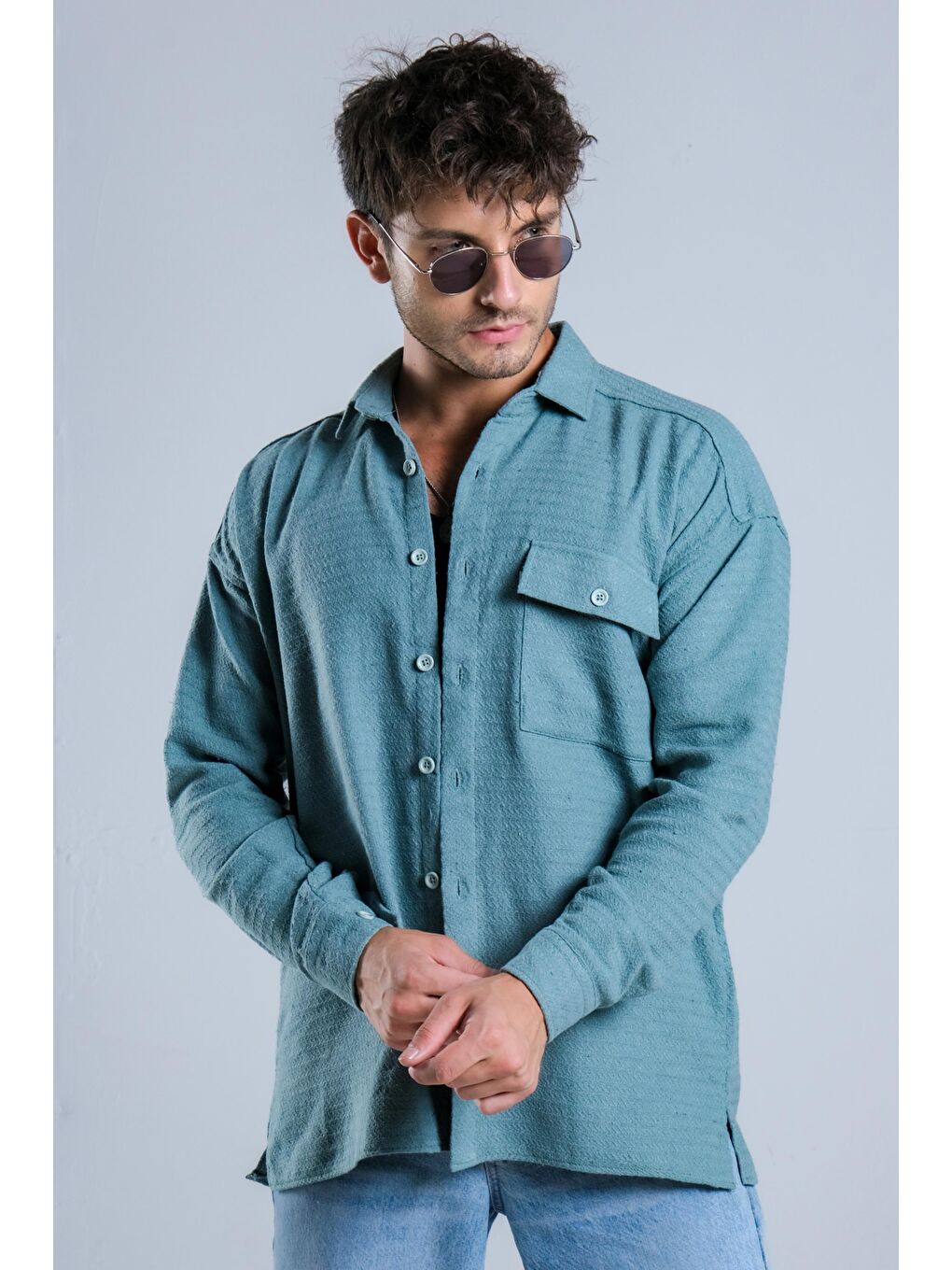 Yeşil Oversize Tek Cepli Örme Gömlek MAR Over22-1