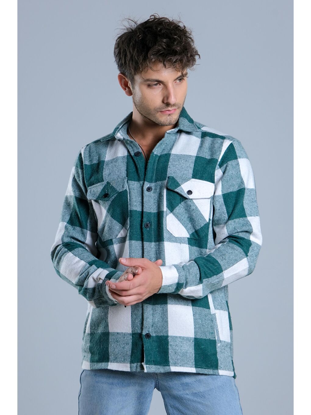 Yeşil Çıkarılabilir Kapüşonlu Cepli Kışlık Erkek Oduncu Gömlek MAR4170-6