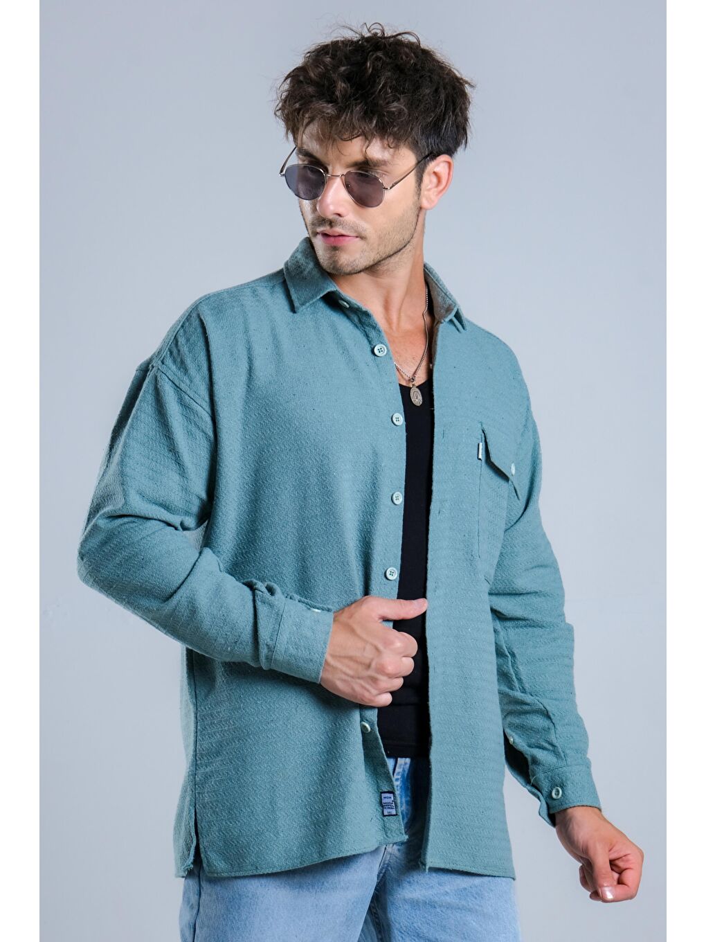 Yeşil Oversize Tek Cepli Örme Gömlek MAR Over22-2