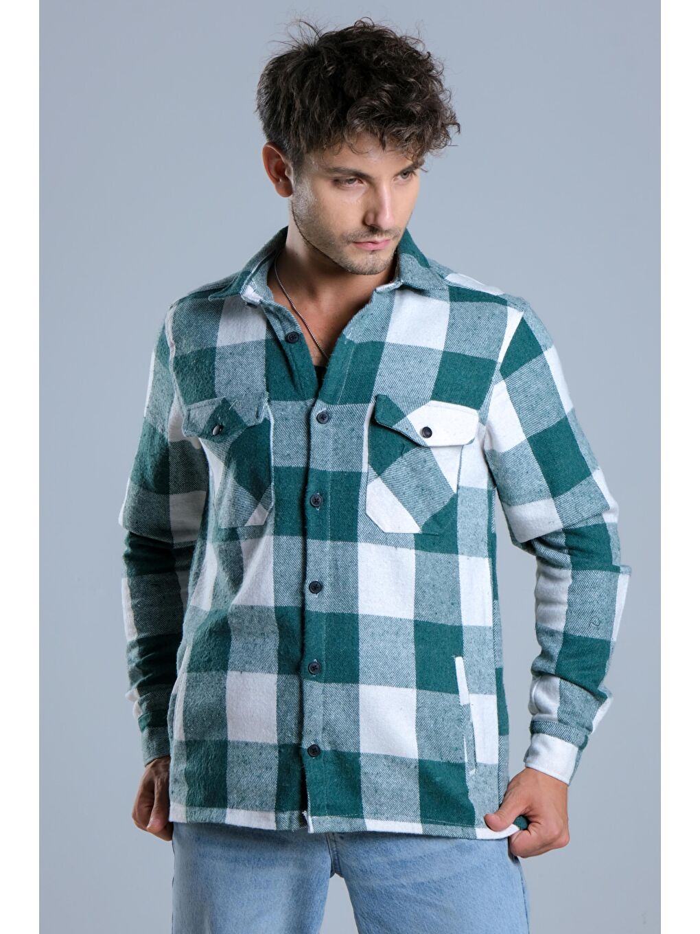 Yeşil Çıkarılabilir Kapüşonlu Cepli Kışlık Erkek Oduncu Gömlek MAR4170-7