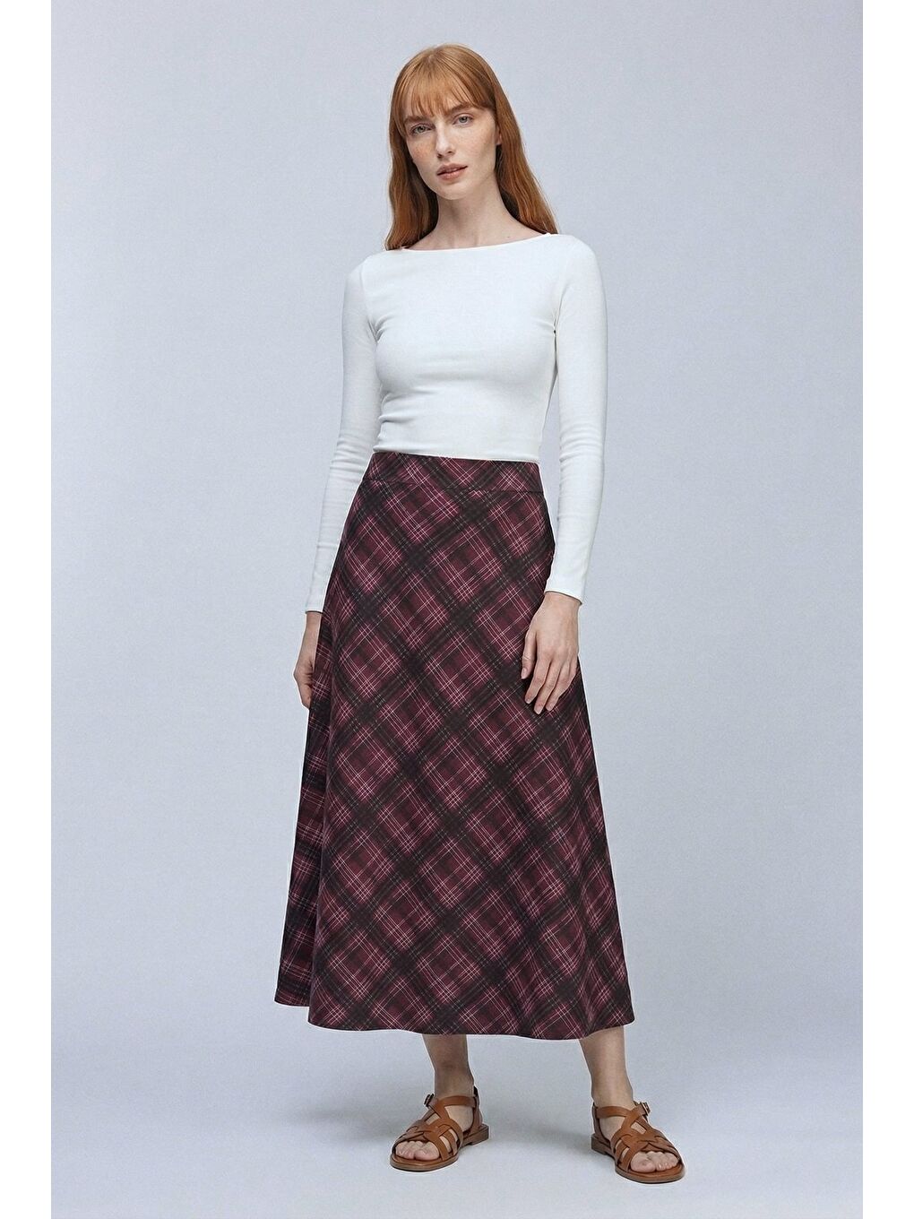 Bordo Ekose Desenli Yüksek Bel Kloş Scuba Etek-1