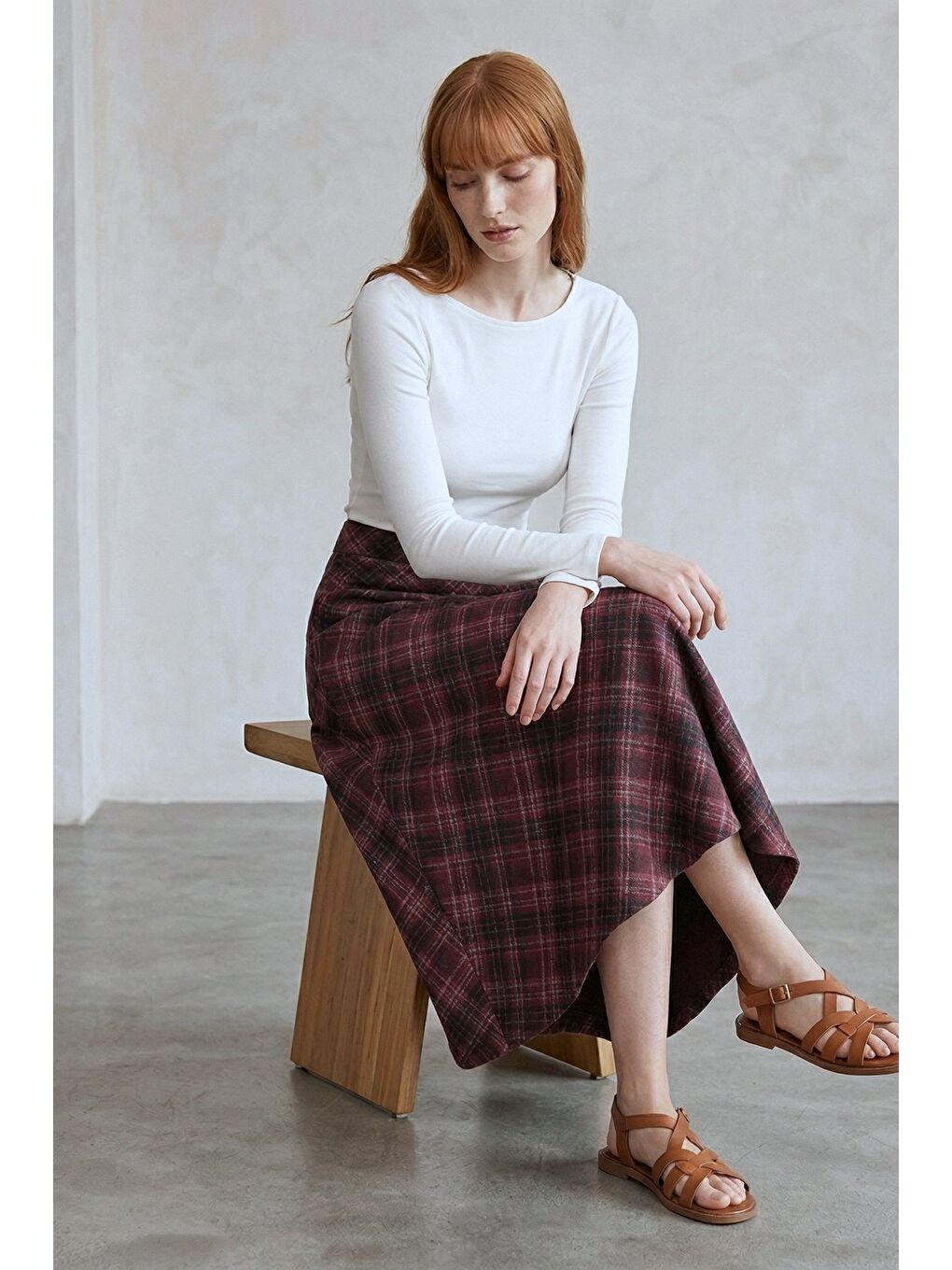 Bordo Ekose Desenli Yüksek Bel Kloş Scuba Etek-2