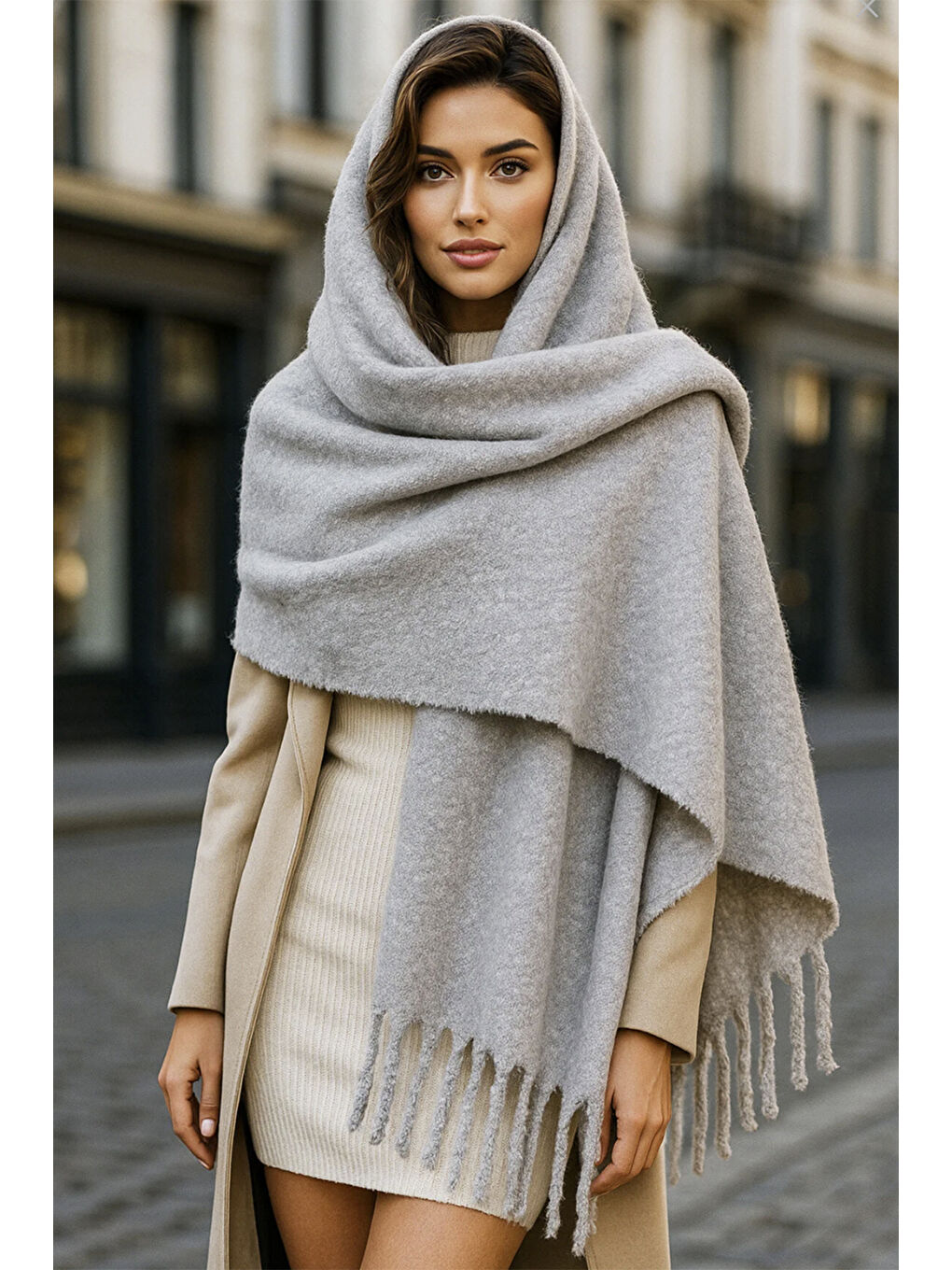 Püsküllü Buklet Atkı Şal 45X210 cm 1257 Gri-1