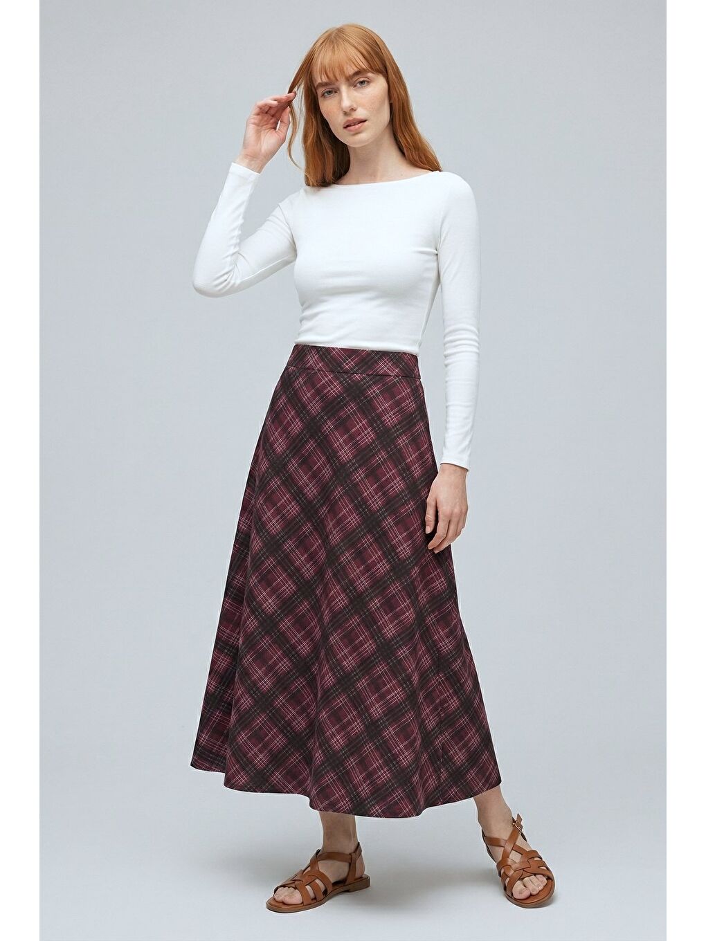 Bordo Ekose Desenli Yüksek Bel Kloş Scuba Etek-3