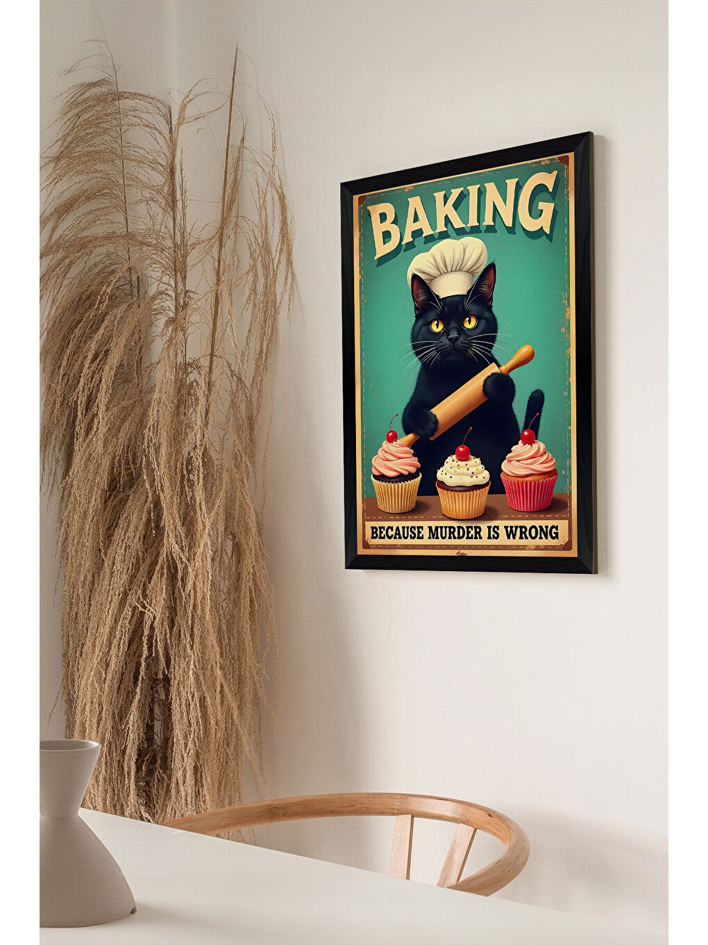 Beyaz Tek Parça Siyah Çerçeve Görünümlü Kedi Baskılı MDF 48x33 cm Tablo - Model 7