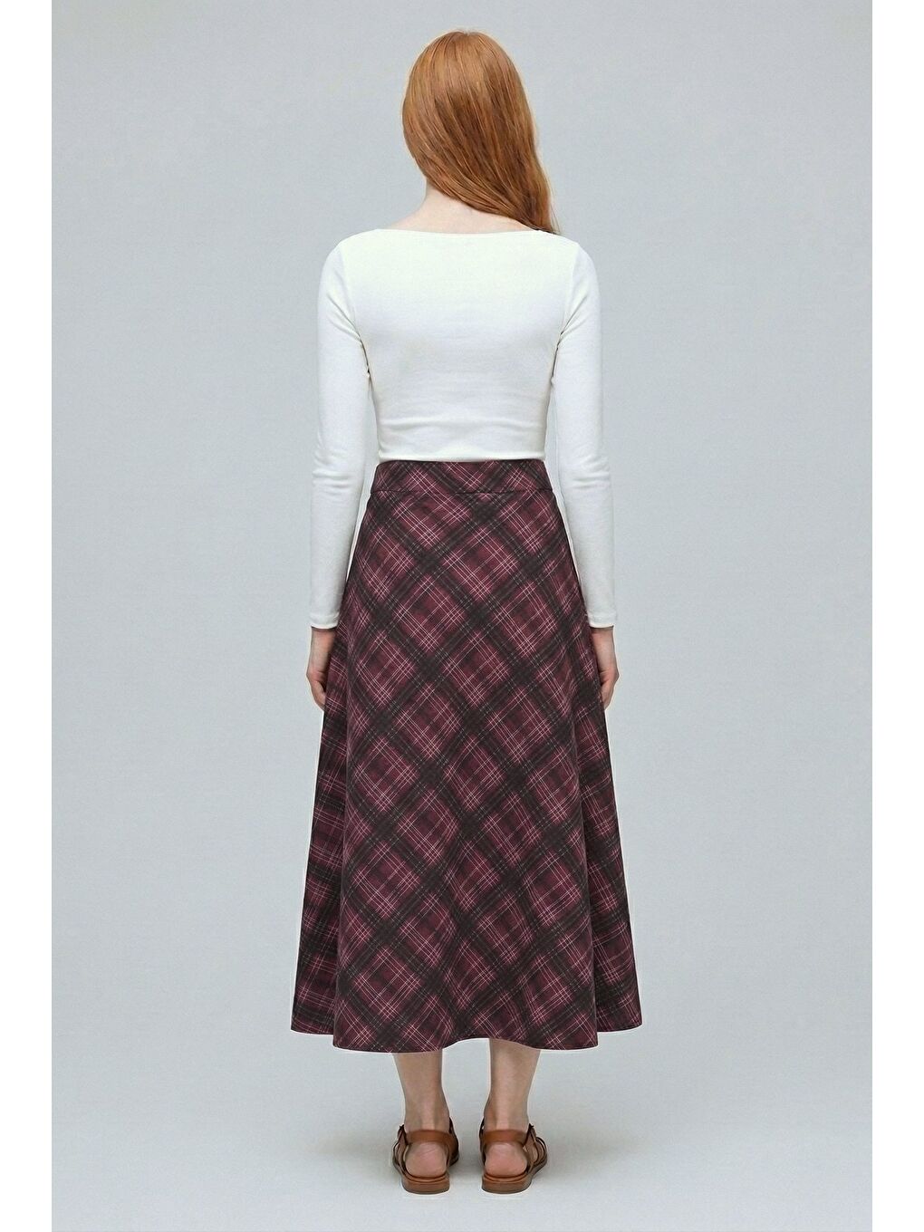 Bordo Ekose Desenli Yüksek Bel Kloş Scuba Etek-4