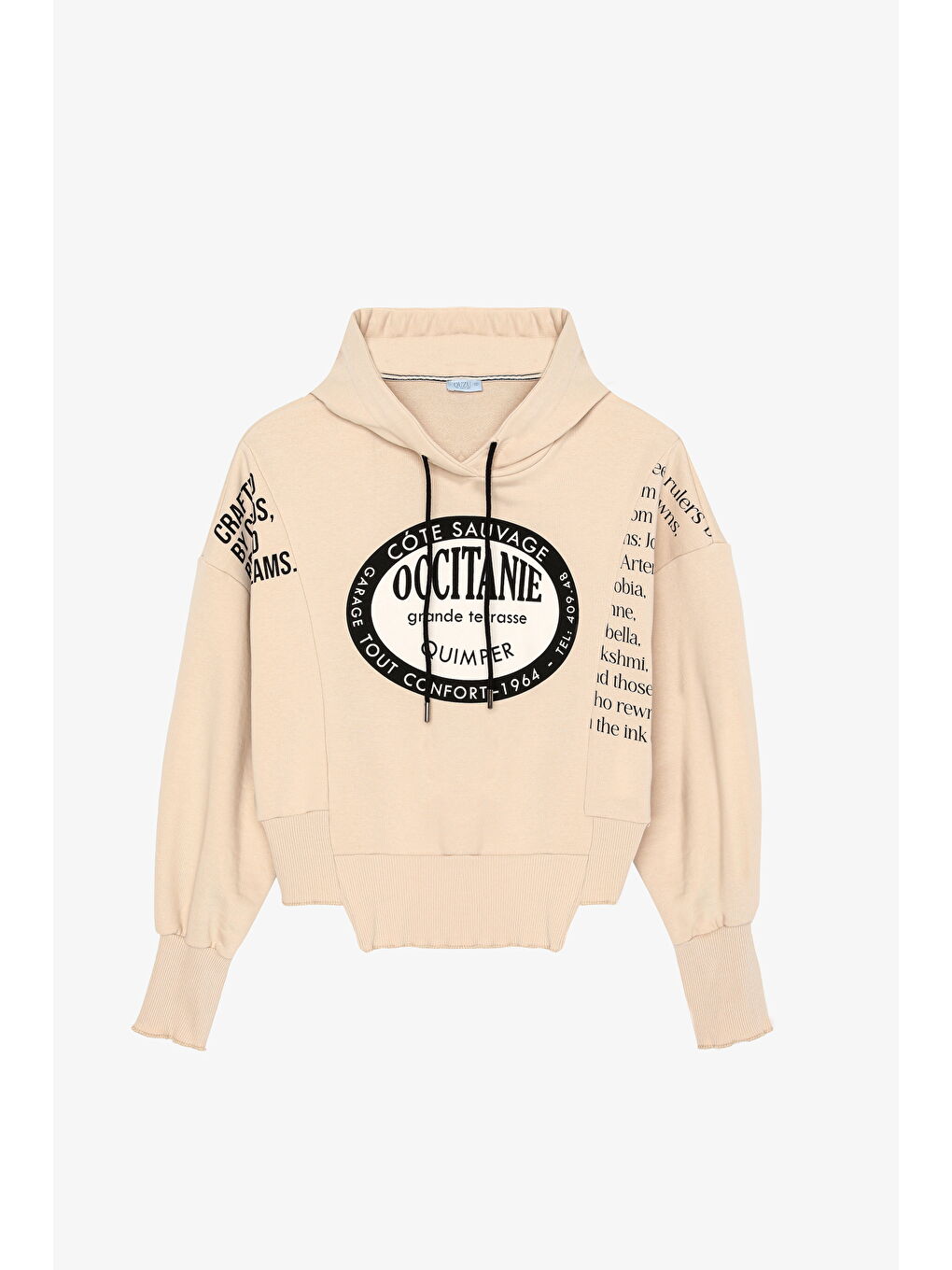 Bej Yırtık Detaylı Yazı Baskılı Oversize Sweatshirt Taş