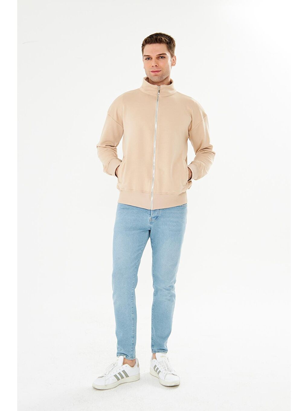 Erkek Tam Fermuarlı Pamuklu Eşofman Üstü Bej 9507-B-1