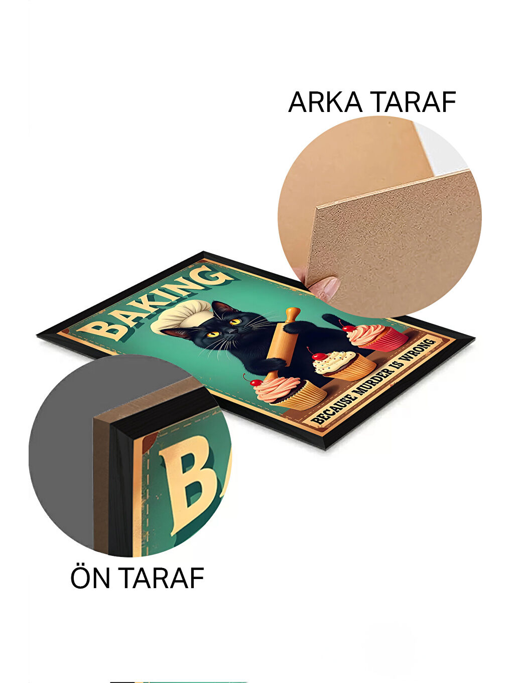 Beyaz Tek Parça Siyah Çerçeve Görünümlü Kedi Baskılı MDF 48x33 cm Tablo - Model 7-1