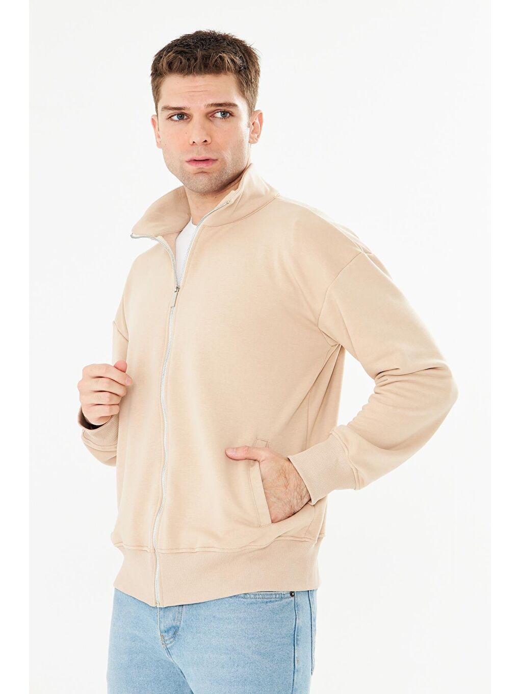 Erkek Tam Fermuarlı Pamuklu Eşofman Üstü Bej 9507-B-2