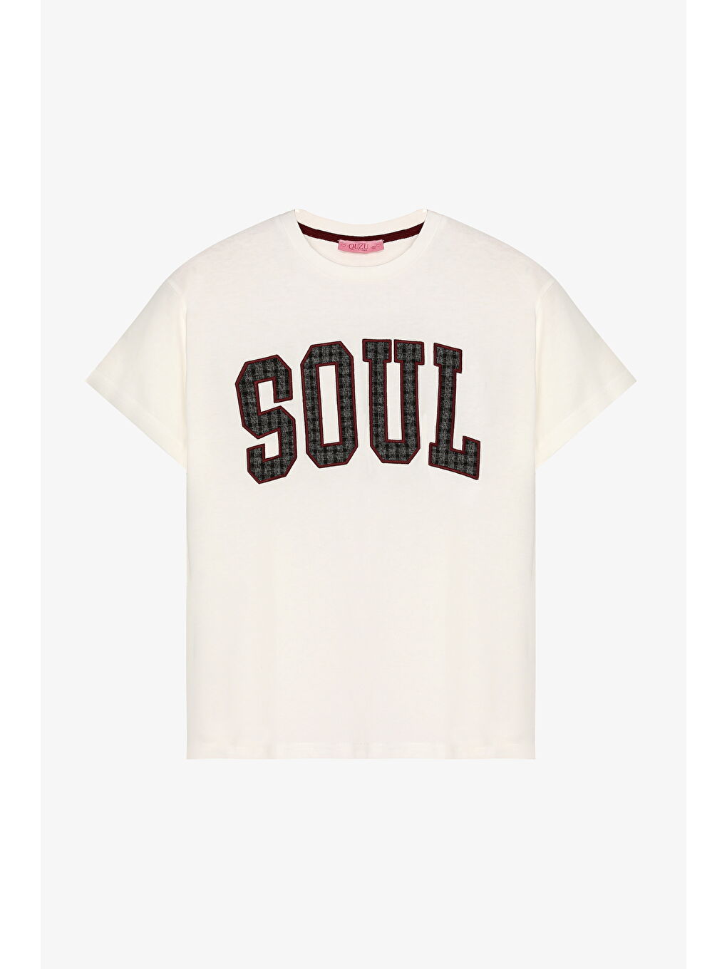 Ekose Yazı Nakışlı Oversize Tişört Ekru