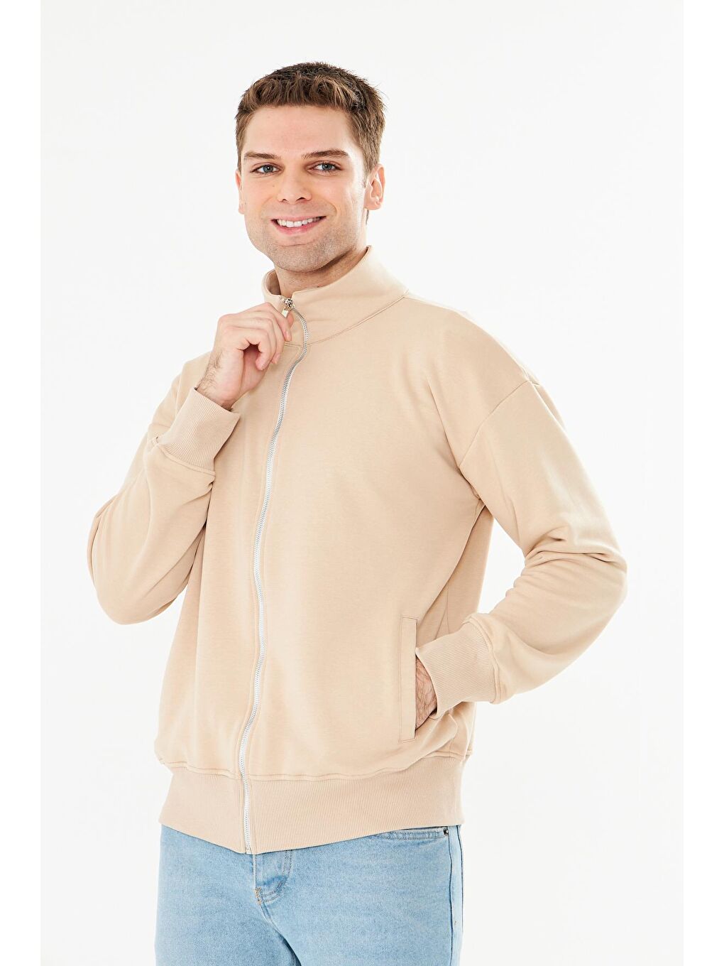 Erkek Tam Fermuarlı Pamuklu Eşofman Üstü Bej 9507-B-3