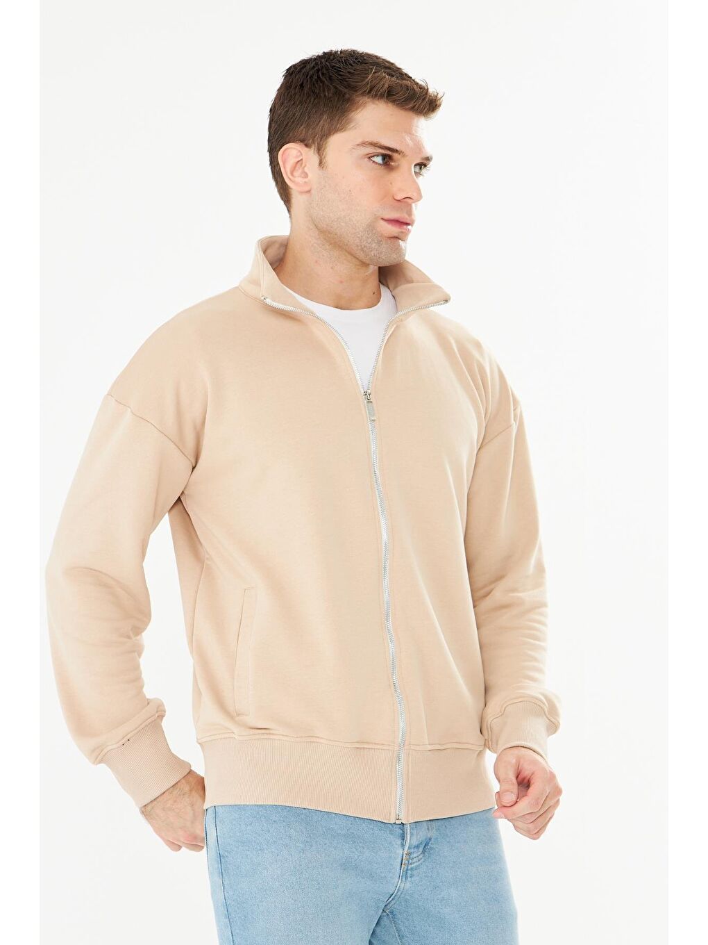 Erkek Tam Fermuarlı Pamuklu Eşofman Üstü Bej 9507-B-4
