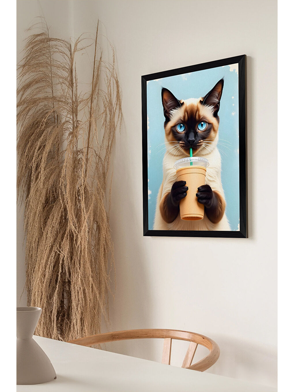 Beyaz Tek Parça Siyah Çerçeve Görünümlü Kedi Baskılı MDF 48x33 cm Tablo - Model 30