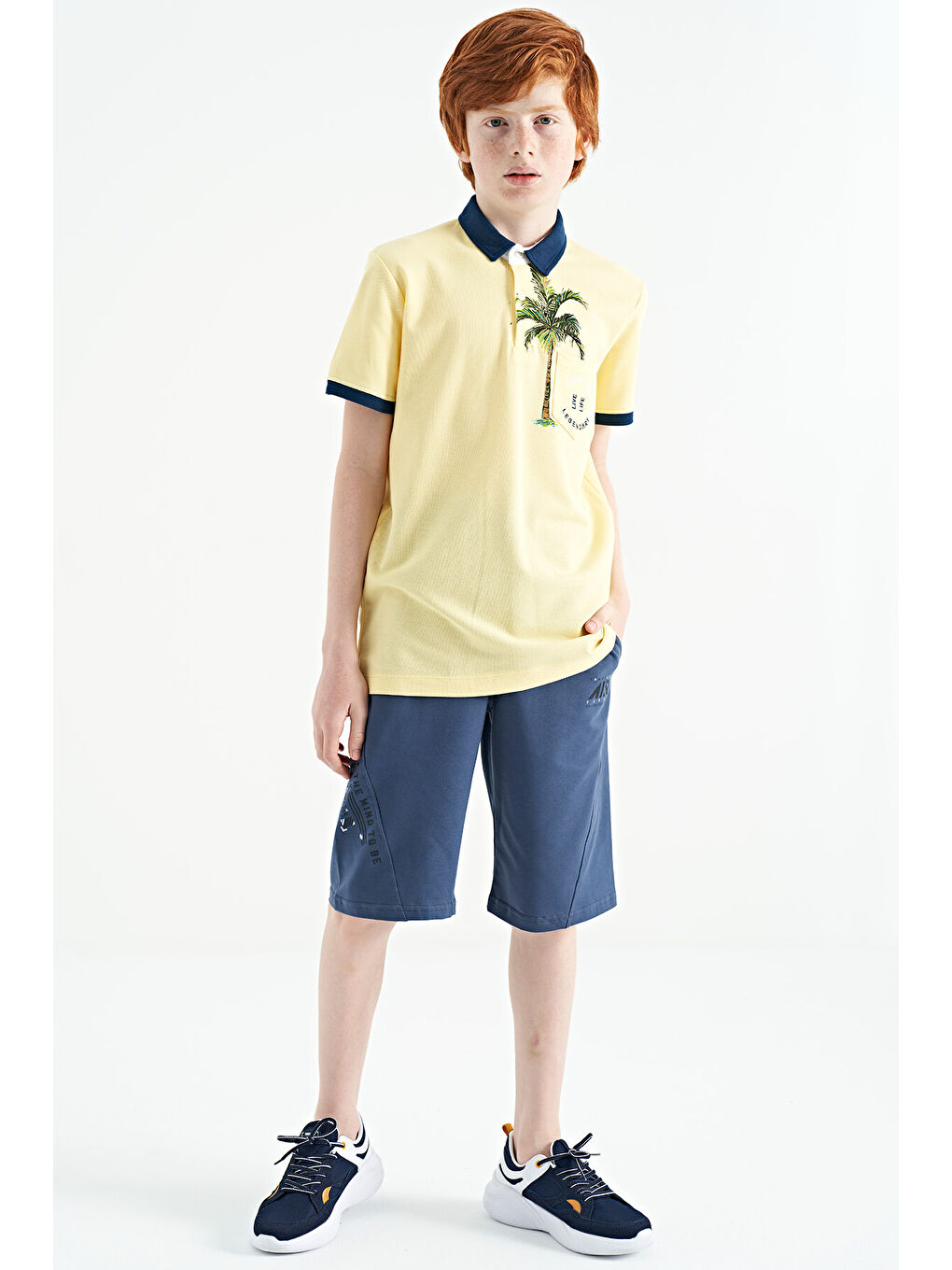 Sarı Baskılı Cep Detaylı Standart Kalıp Polo Yaka Erkek Çocuk Tişört - 11144-3