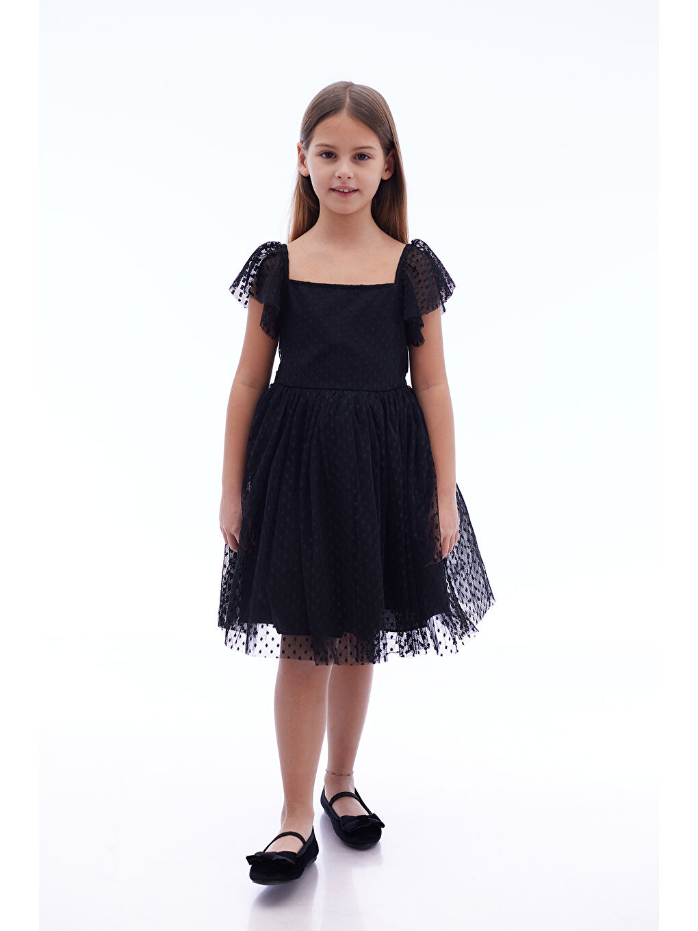 Siyah Kız Çocuk Kare Yaka Trend Tül Elbise AK2242-1