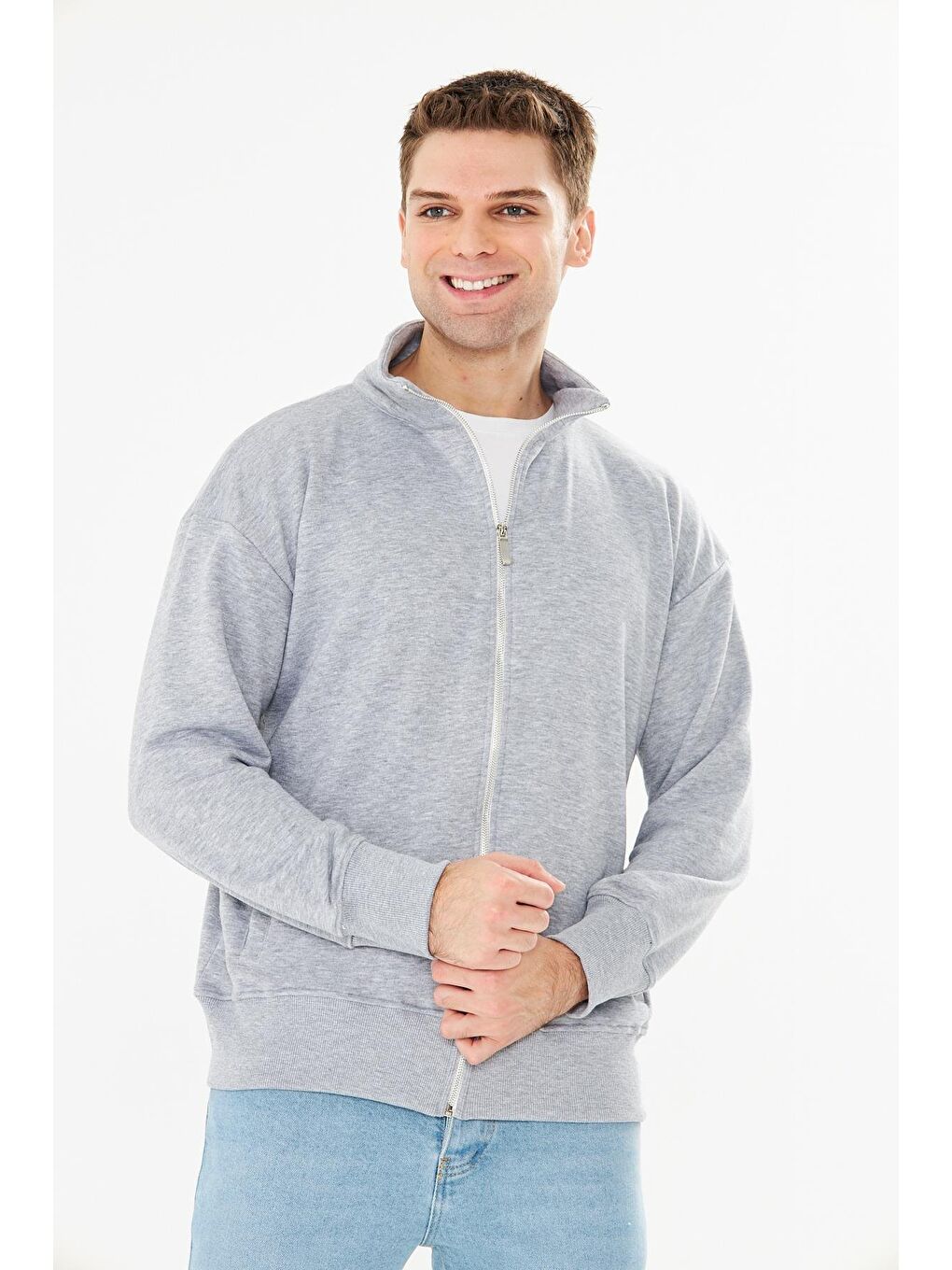 Erkek Tam Fermuarlı Pamuklu Eşofman Üstü Gri Melanj 9507-G-1