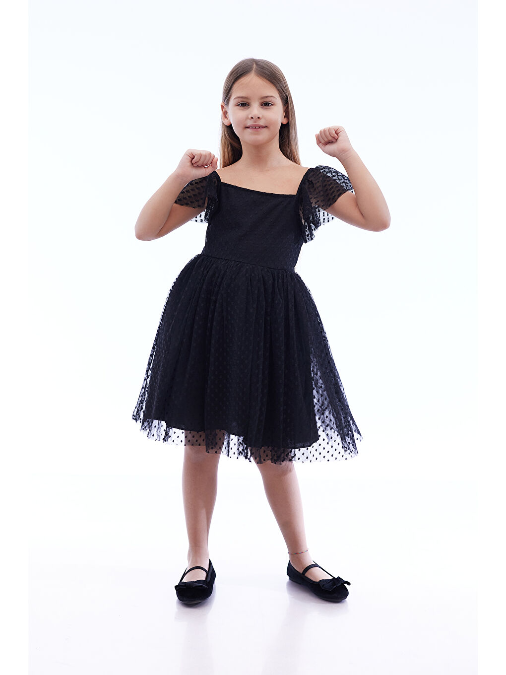 Siyah Kız Çocuk Kare Yaka Trend Tül Elbise AK2242-2