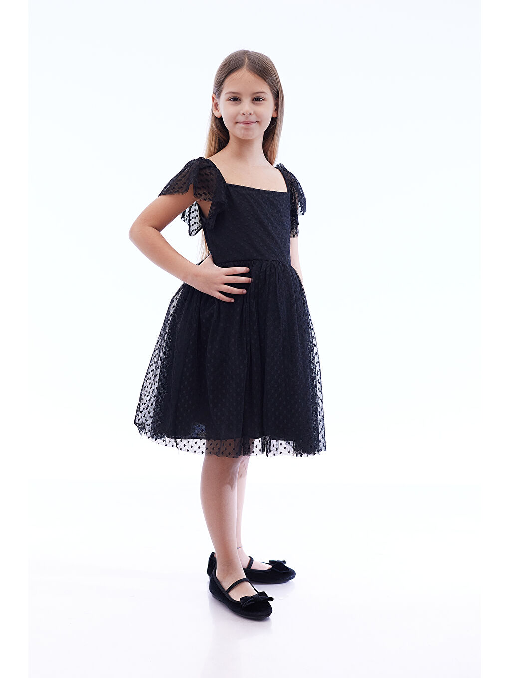Siyah Kız Çocuk Kare Yaka Trend Tül Elbise AK2242-3