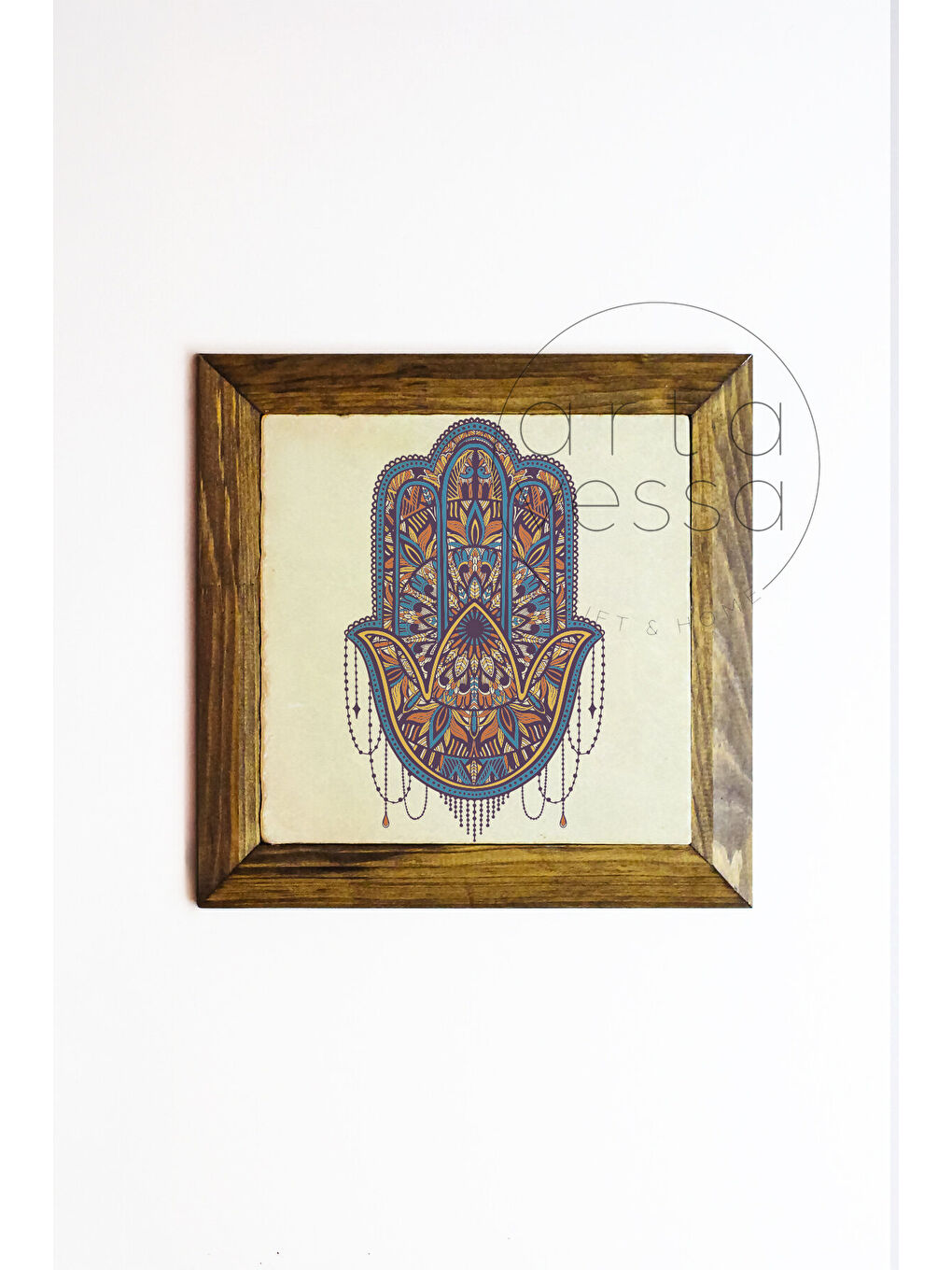 Beyaz Masif Ahşap Çerçeveli Taş Tablo Pano 16 x 16 cm - Fatma Ana Eli 3 - 16 x 16-1