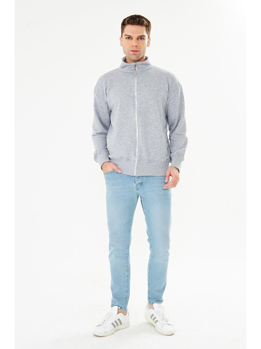 Erkek Tam Fermuarlı Pamuklu Eşofman Üstü Gri Melanj 9507-G-2