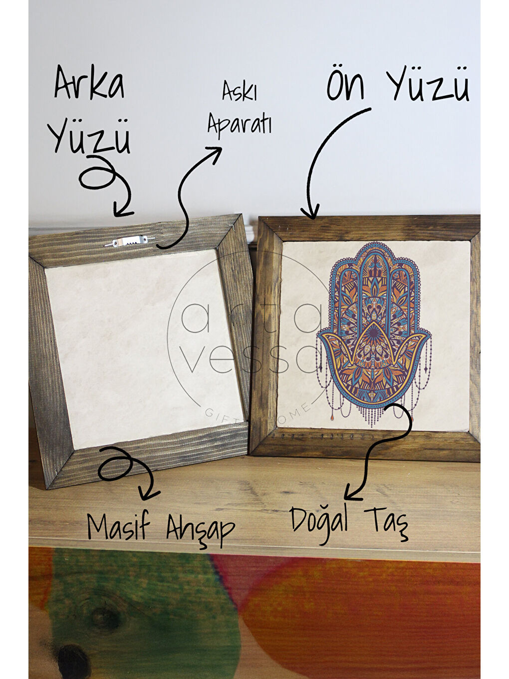 Beyaz Masif Ahşap Çerçeveli Taş Tablo Pano 16 x 16 cm - Fatma Ana Eli 3 - 16 x 16-2