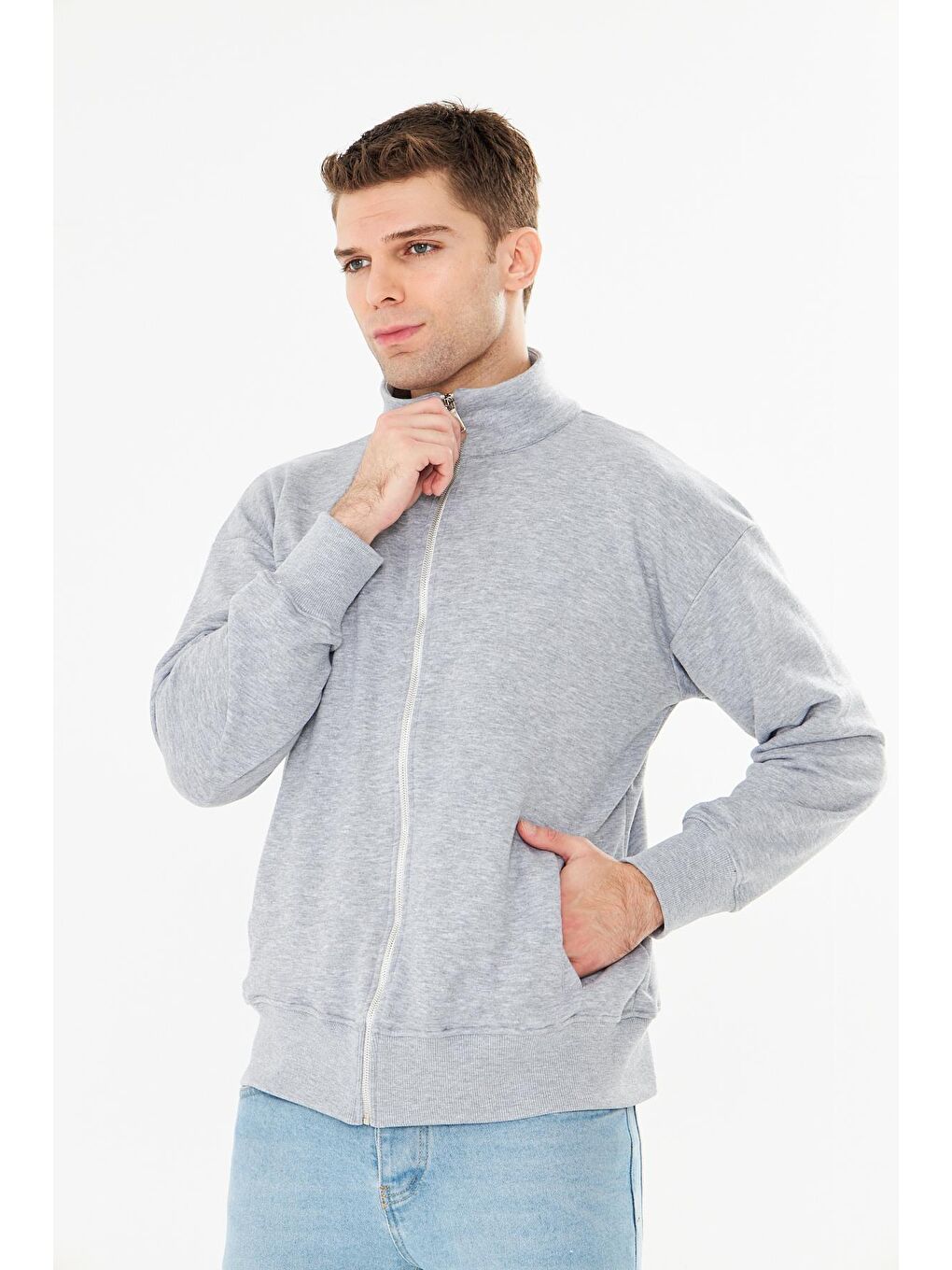Erkek Tam Fermuarlı Pamuklu Eşofman Üstü Gri Melanj 9507-G-3