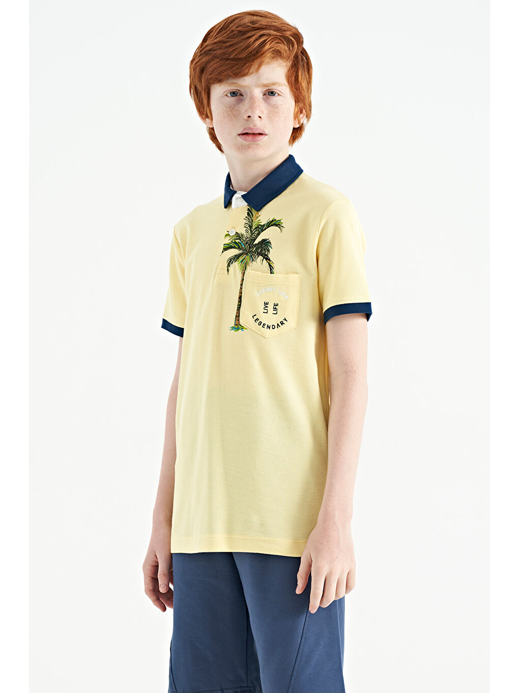 Sarı Baskılı Cep Detaylı Standart Kalıp Polo Yaka Erkek Çocuk Tişört - 11144-4